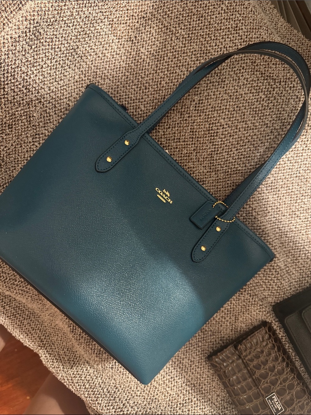 Coach Teal Pebbled Leather Tote with Gold Accents